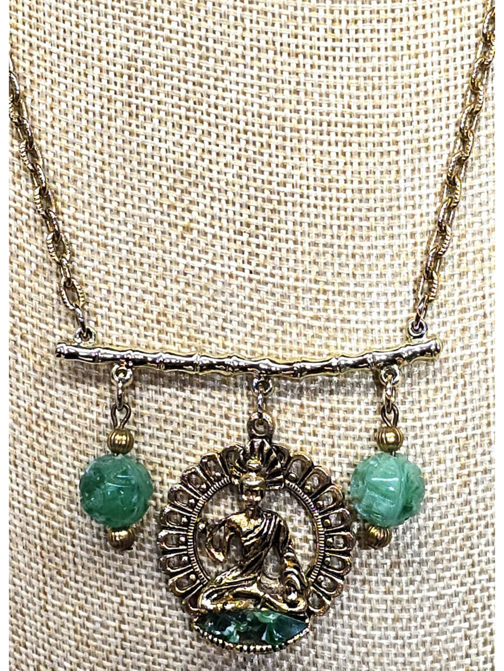 Vintage Faux Jade Far East Buddha Pendant Necklace